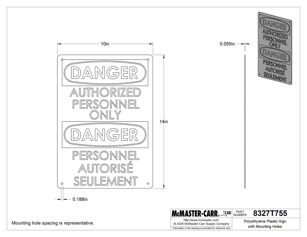 Technical Drawing of Polyethylene Plastic Sign with Mounting Holes, English/French, (Danger-Authorized...), 14" x 10".
